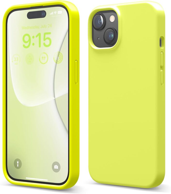 Elago Liquid Silicone for iPhone 15 Case Cover Full Body Protection, Shockproof, Slim, Anti-Scratch Soft Microfiber Lining - Neon Yellow